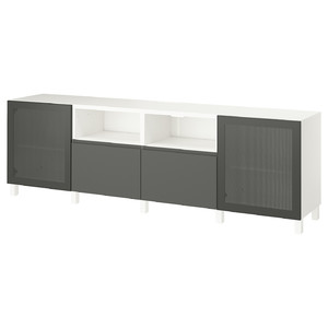 BESTÅ TV bench with doors and drawers, white Mörtviken/Västerviken/Stubbarp dark grey, 240x42x74 cm