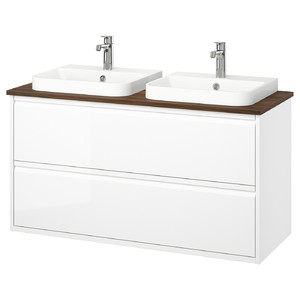 ÄNGSJÖN / BACKSJÖN Wash-stnd w drawers/wash-basin/taps, high-gloss white/brown walnut effect, 122x49x71 cm