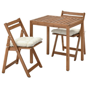 NÄMMARÖ Outdoor table and 2 folding chairs, light brown stained/Kuddarna beige