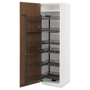 METOD High cabinet with pull-out larder, white/Tistorp brown walnut effect, 60x60x200 cm