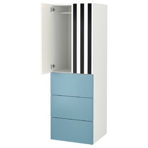 SMÅSTAD / PLATSA Wardrobe, white stripe/blue with 3 drawers, 60x57x181 cm