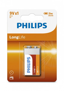 Philips LongLife Zinc-Chloride PP3 Battery 9V 6F22