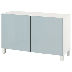 BESTÅ Storage combination with doors, white Selsviken/Stubbarp/high-gloss light grey-blue, 120x42x74 cm