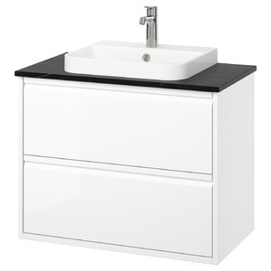 ÄNGSJÖN / BACKSJÖN Wash-stnd w drawers/wash-basin/tap, high-gloss white/black marble effect, 82x49x71 cm