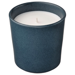 FRUKTSKOG Scented candle in ceramic jar, Vetiver & geranium/black-turquoise, 50 hr