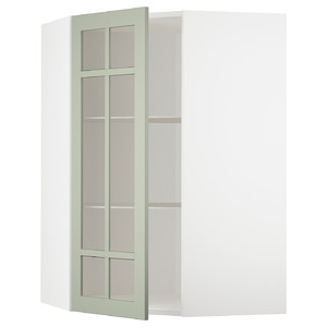 METOD Corner wall cab w shelves/glass dr, white/Stensund light green, 68x100 cm