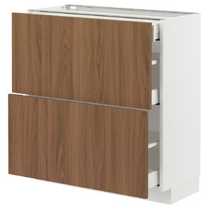 METOD/MAXIMERA Base cab with 2 fronts/3 drawers, white/Tistorp brown walnut effect, 80x37 cm