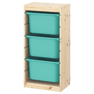 TROFAST Storage combination with boxes, light white stained pine, turquoise, 44x30x91 cm