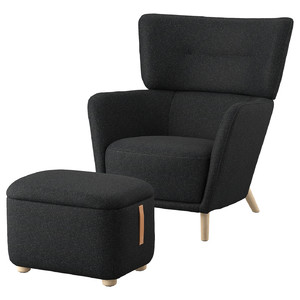 OSKARSHAMN Wing chair with footstool, Gunnared black/grey