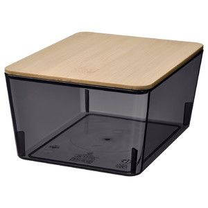 KUGGIS Box with lid, transparent black/bamboo, 13x18x8 cm