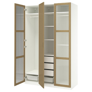 PAX / TONSTAD Wardrobe combination, white/oak veneer glass, 150x60x236 cm