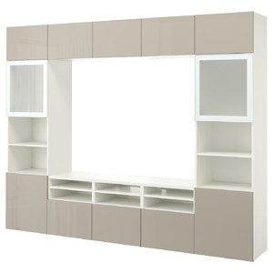 BESTÅ TV storage combination/glass doors, white/Selsviken high-gloss/beige frosted glass, 300x42x231 cm