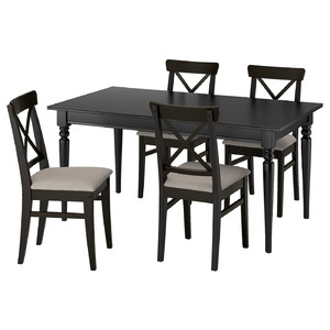 INGATORP / INGOLF Table and 4 chairs, black/brown-black Nolhaga grey-beige, 155/215 cm