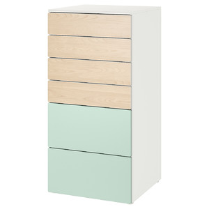 SMÅSTAD / PLATSA Chest of 6 drawers, white birch/light green, 60x57x123 cm