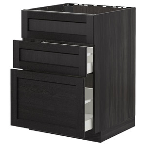 METOD/MAXIMERA Base cab f sink+3 fronts/2 drawers, black/Lerhyttan black stained, 60x61.9x88 cm