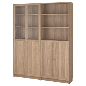 BILLY / OXBERG Bookcase with panel/glass doors, oak effect/clear glass, 160x30x202 cm