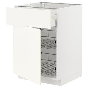 METOD / MAXIMERA Base cab w wire basket/drawer/door, white/Vallstena white, 60x60 cm