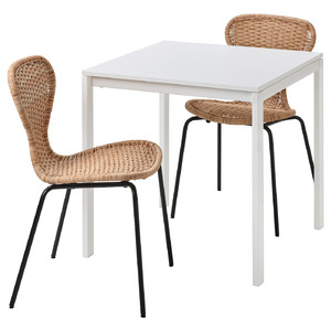 MELLTORP / ÄLVSTA Table and 2 chairs, white white/rattan black, 75x75 cm
