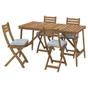 ASKHOLMEN Table+4 folding chairs, outdoor, dark brown/Klösan blue, 143x75 cm