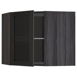 METOD Corner wall cab w shelves/glass dr, black/Lerhyttan black stained, 67.5x67.5x60 cm