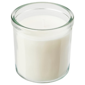 JÄMLIK Scented candle in glass, Vanilla/light beige, 40 hr