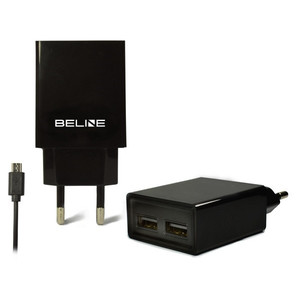 Beline Wall Charger EU Plug 2xUSB + microUSB 2A, black
