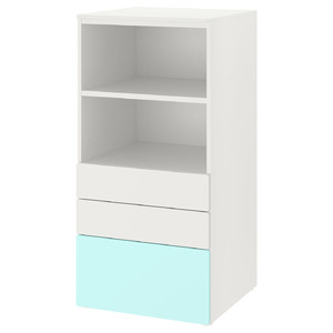 SMÅSTAD / PLATSA Bookcase, white pale turquoise, with 3 drawers, 60x55x123 cm