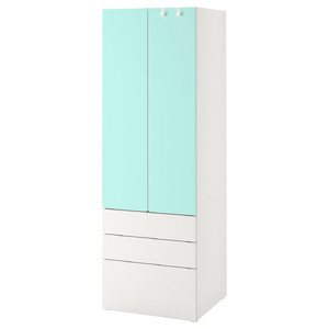 SMÅSTAD / PLATSA Wardrobe, white pale turquoise/with 3 drawers, 60x42x181 cm