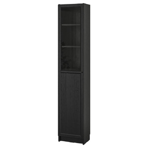 BILLY / OXBERG Bookcase with panel/glass door, black oak effect, 40x30x202 cm