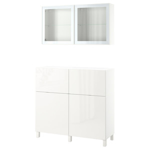 BESTÅ Storage combination w doors/drawers, white/Selsviken/Stubbarp high-gloss/white clear glass, 120x42x213 cm