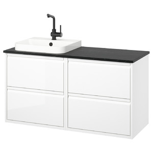 ÄNGSJÖN / BACKSJÖN Wash-stand/wash-basin/tap, high-gloss white/black marble effect, 122x49x71 cm