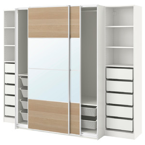 PAX / MEHAMN/AULI Wardrobe with sliding doors, white double sided/white stained oak effect mirror glass, 250x66x201 cm
