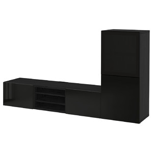 BESTÅ TV storage combination/glass doors, black-brown/Selsviken high-gloss/black smoked glass, 240x42x129 cm