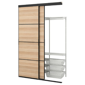 SKYTTA / BOAXEL Reach-in wardrobe with sliding door, black double sided/Mehamn white stained oak effect, 152x65x240 cm