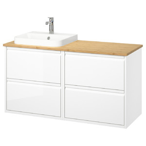 ÄNGSJÖN / BACKSJÖN Wash-stand/wash-basin/tap, high-gloss white/bamboo, 122x49x71 cm