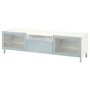 BESTÅ TV bench, white Glassvik/Selsviken/Ösarp light grey-blue, 180x42x48 cm