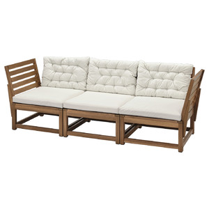 NÄMMARÖ 3-seat modular sofa, outdoor, armrests light brown stained/Kuddarna light grey-beige