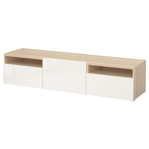BESTÅ TV bench, white stained oak effect/Selsviken high-gloss/white, 180x42x39 cm