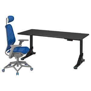 UPPSPEL / STYRSPEL Gaming desk and chair, black blue/light grey, 180x80 cm