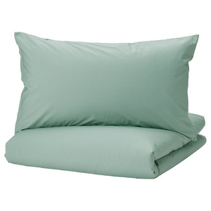 STRANDTALL Duvet cover and pillowcase, grey-green/dark green, 150x200/50x60 cm