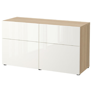 BESTÅ Storage combination w doors/drawers, white stained oak effect/Selsviken high-gloss/white, 120x42x65 cm