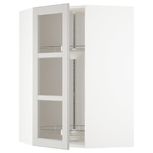 METOD Corner wall cab w carousel/glass dr, white, Lerhyttan light grey, 68x100 cm