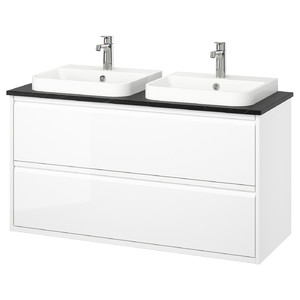 ÄNGSJÖN / BACKSJÖN Wash-stnd w drawers/wash-basin/taps, high-gloss white/black marble effect, 122x49x71 cm