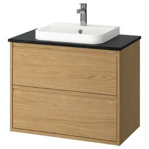 ÄNGSJÖN / BACKSJÖN Wash-stnd w drawers/wash-basin/tap, oak effect/black marble effect, 82x49x71 cm