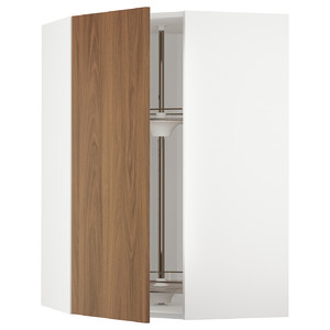 METOD Corner wall cabinet with carousel, white/Tistorp brown walnut effect, 68x100 cm