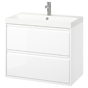 ÄNGSJÖN / BACKSJÖN Wash-stnd w drawers/wash-basin/tap, high-gloss white, 80x48x69 cm