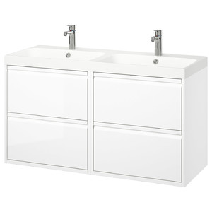 ÄNGSJÖN / BACKSJÖN Wash-stand/wash-basin/taps, high-gloss white, 122x49x69 cm