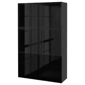 BESTÅ Storage combination w/glass doors, black-brown, Selsviken high-gloss/black, dimmed glass, 120x40x192 cm