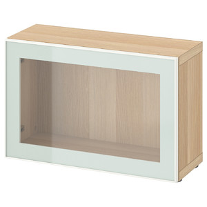 BESTÅ Shelf unit with glass door, white stained oak effect Glassvik/white/light green clear glass, 60x22x38 cm
