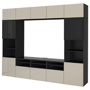 BESTÅ TV storage combination/glass doors, black-brown/Selsviken high-gloss/beige smoked glass, 300x42x231 cm